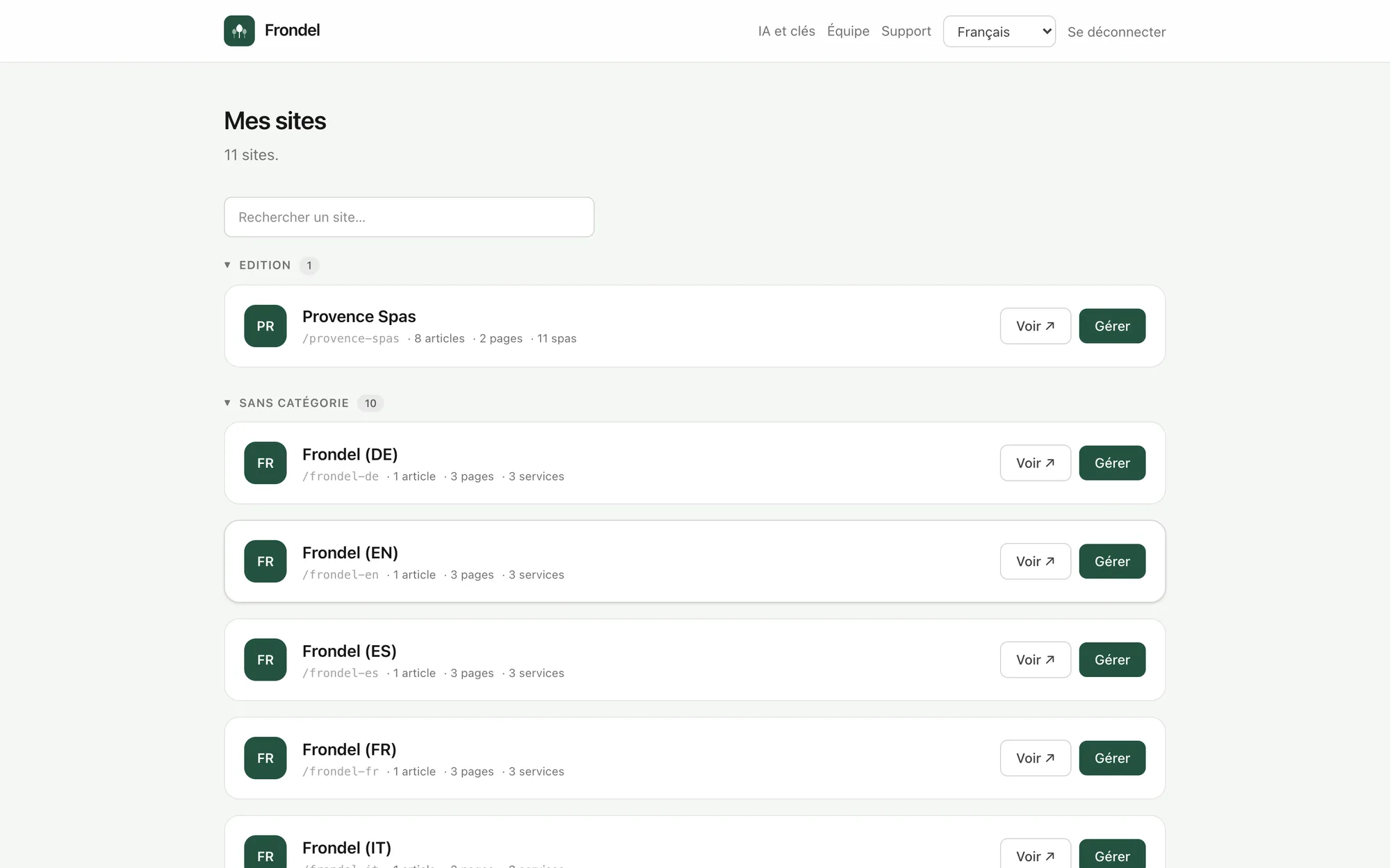 Le back-office de Frondel : tous les sites clients dans une seule liste